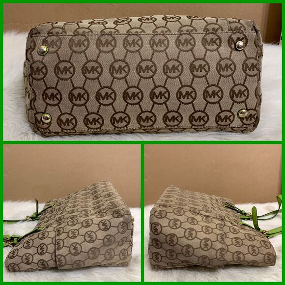 MICHAEL KORS JET SET Vintage Khaki Signature Canvas Pocket Tote w/Green Trim - Picture 13 of 16